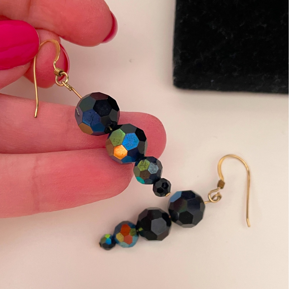 Vintage Black AB GLASS Aurora Borealis Regency Holiday Whimsical Goth Earrings